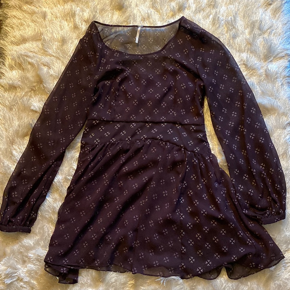 Free People Maroon Chiffon Long Sleeve Fit & Flare Dress size Medium - Picture 8 of 16